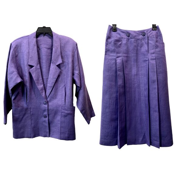 80s Purple Linen Skirt Suit | Neiman Marcus Oversized Blazer Tailored Skirt | S - Picture 1 of 14
